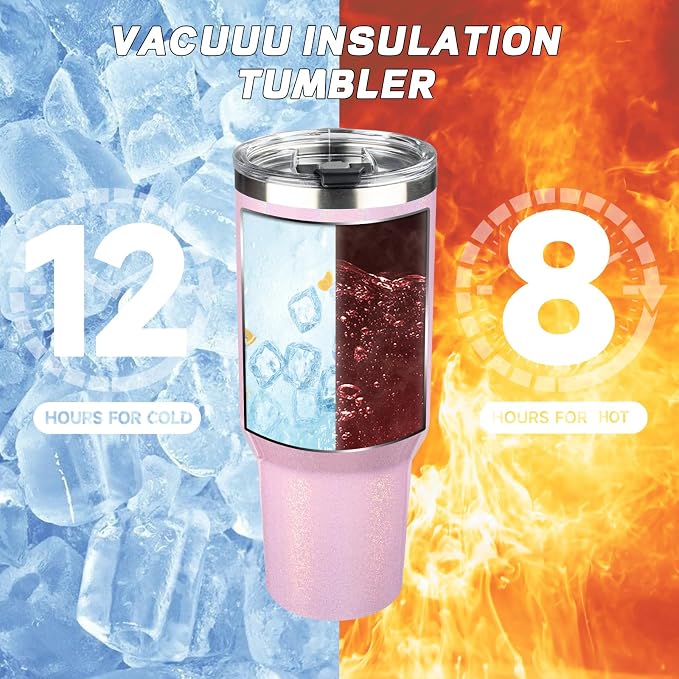 40 oz Tumbler with Lids and Straws, Stainless Steel Insulated Coffee Tumbler, Double Wall Vacuum Insulated Travel Mug Cup, Leakproof Thermal Coffee Cup for Hot and Cold Drinks (Glitter Pink)