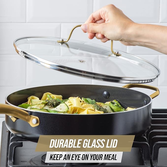 Blue Diamond 4QT Saute Pan with Lid, Non Toxic Induction PFAS-Free Diamond Ceramic Nonstick, Dishwasher & Oven Safe, Metal Utensil Safe, Gold Handle & Helper Handle, Jumbo Skillet, Glass Lid, Black