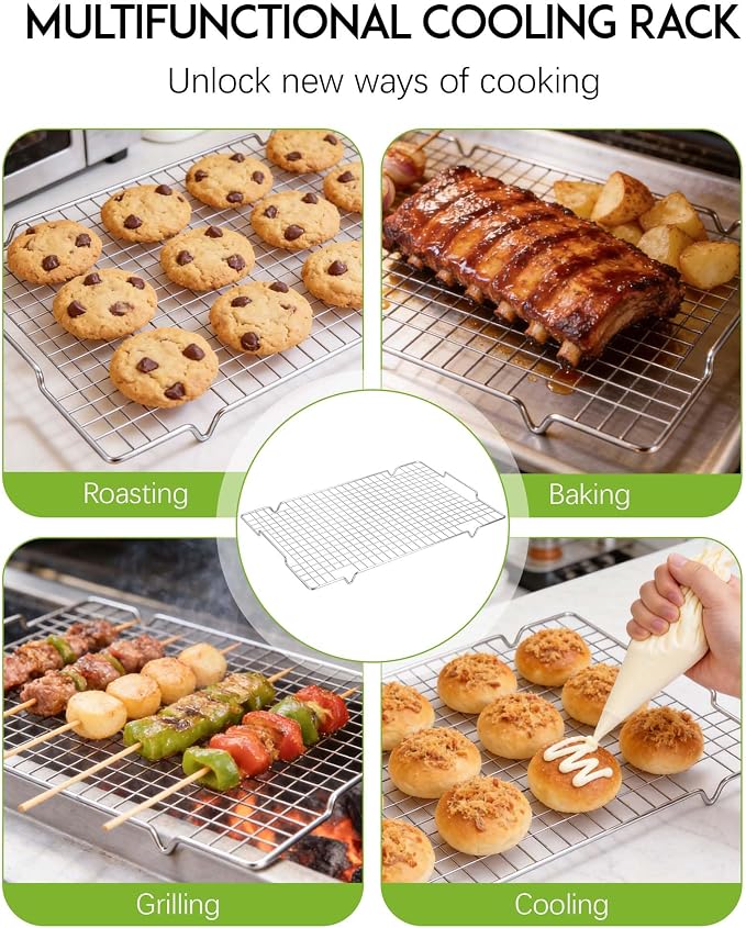 HULISEN 304 Stainless Steel Cooling Rack with Handles, 4-Pack, 16 x 10 Inch | Baking Rack for Half Sheet Pan, Dishwasher Safe, Oven Safe 500°F, Easy Transfer Design, For Baking, Roasting, Cooling Food