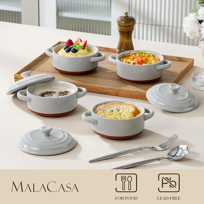 MALACASA Mini Cocotte Set of 4, 12 OZ Ramekins with Lids and Handles | Small Casserole Dishes for Oven, Ceramic Baking Dishes Set, Single Serving, Microwave & Dishwasher Safe, Khaki Grey