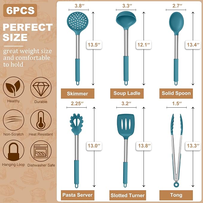 LIANYU Silicone Kitchen Utensils, 6 Pcs Cooking Utensils Spatula Set, Blue | Slotted Turner, Spoon, Soup Ladle, Pasta Server, Skimmer, Tongs for Nonstick Cookware, Heat Resistant, Stainless Steel Handle