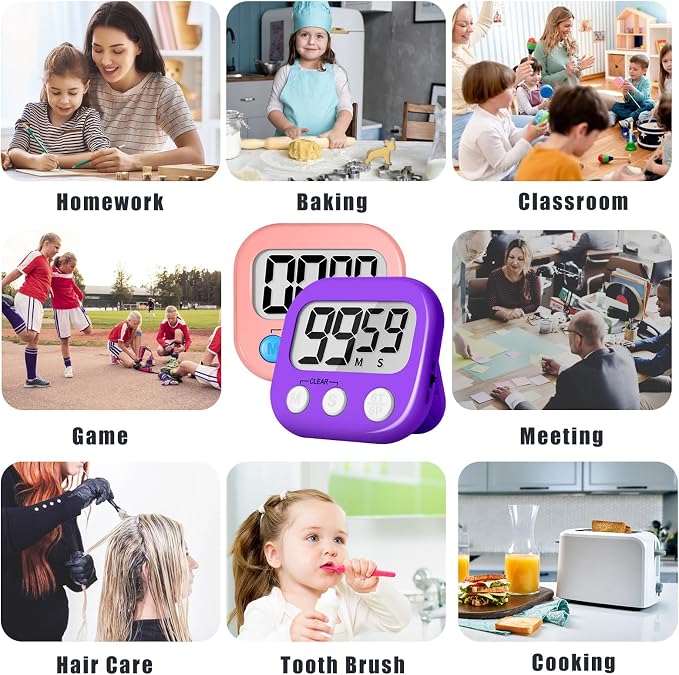 ZILLEEN Classroom Timer for Kids Teachers 2 Pack Digital Timers Pur Pk | Strong Magnetic, Large Screen, Big Button, Teacher Classroom Must Haves Kitchen Timers for Cooking Egg Exercise Study
