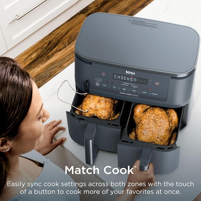 Ninja 6-in-1 10 QT Air Fryer, Foodi Smart Thermometer, Roast, Bake, Air Fry, Crisps, Broil, Reheats, Keep Warm, Fries, Frozen Food, Veggies, & Meat, Light Grey, DZ550GY (Renewed)