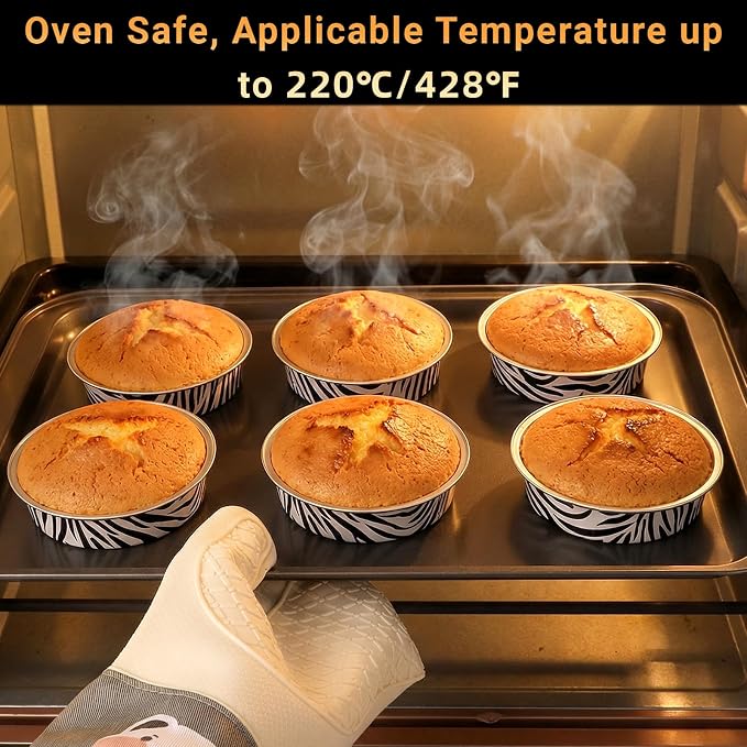 Beasea Mini Tart Pans with Lids 50 Pack, 4" 7.3oz Disposable Aluminum Foil Baking Tins Cups Round Pie Container for Individual Cupcake Dessert Muffin Cheesecake Quiche - Zebra Stripes