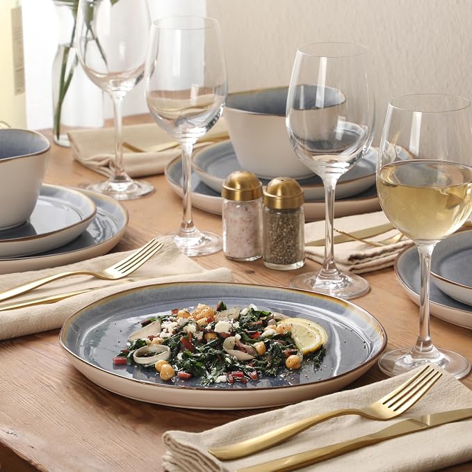 Gibson Elite Algeria River Plates and Bowls Sets, 12-Piece Stoneware Dinnerware Sets, Reactive Glaze Dish Set - Blue