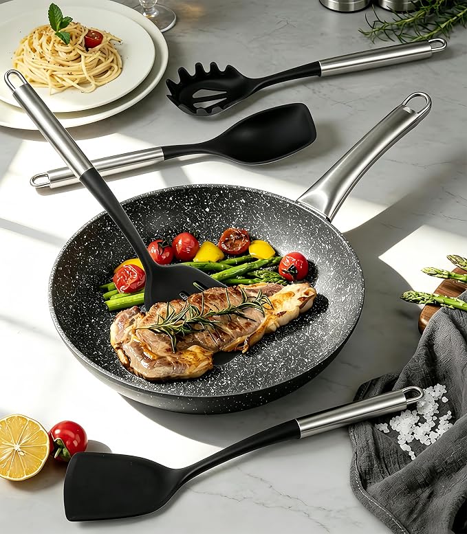 Large Silicone Cooking Utensils Set, 10Pcs Nonstick Kitchen Utensil Set with Stainless Steel Handle, BPA Free Spatula Set with Turners Spoon Ladle Skimmer(Black/Silver)