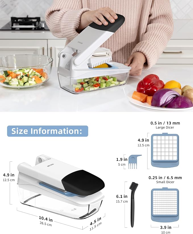 MR.SIGA Vegetable Chopper with Container, Vegetable Cutter for Onion Fruit | 50% less effort for every chop, 2 in 1 manual food veggie chopper with 2 stainless steel chopping blades