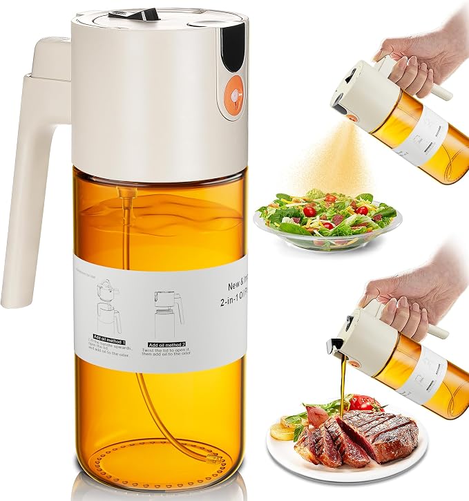 Olive Oil Sprayer & Dispenser Bottle for Cooking 17oz Dark Glass Oil Mister | 2-in-1 Sprayer & Pourer, Leakproof, Fine mist, Light-Blocking, Wide Mouth for Easy Refill & Clean, 8 Oil Labels, Reusable