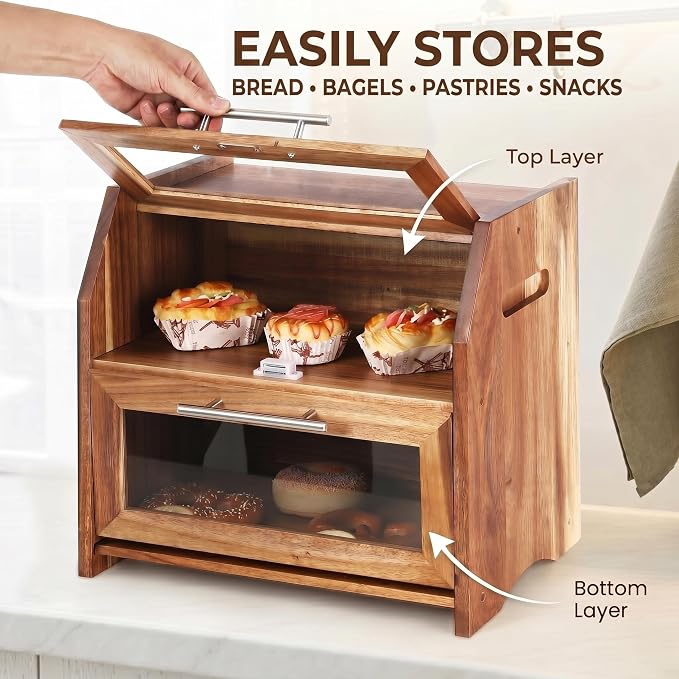 Garvee Acacia Wood Double Layer Bread Box, Clear Acrylic Door | Ventilation Design, Compact Countertop Organizer, Farmhouse/Country/Modern Kitchen Decor Styles