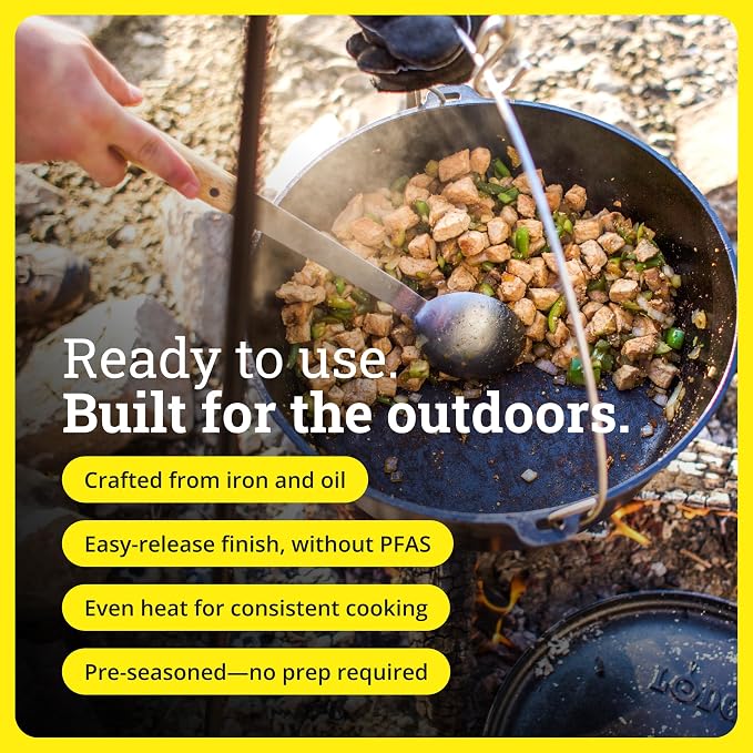 Lodge Seasoned Cast Iron Camp Dutch Oven with Lid - 10 Quart - Dual Handles - Seasoned Cast Iron Cookware with Steel Handle & Strong Lid for Heavy- Duty Camping Cookware