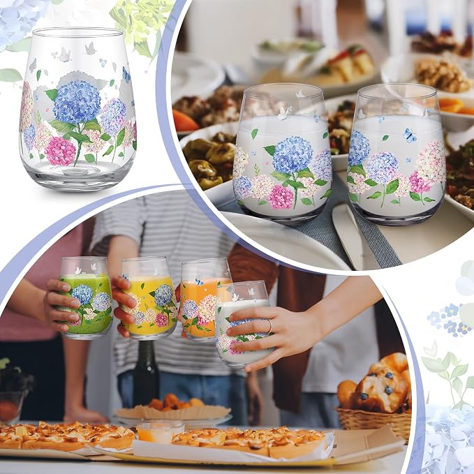 2 Pcs Floral Stemless Wine Glasses, Blue Hydrangea 17oz | Flower Butterfly Tumbler Cups Gifts, Summer Drinking Cups Glasses, for Women Men Party Supplies Kitchen Decorations