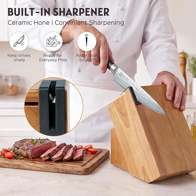 PAUDIN 17 PCS Kitchen Knife Set, Razor Sharp Knife Block Sets, Ideal Gifts | Elegant Kitchen Knife Set with Block, Knife Set with Built-in Sharpener, Dishwasher Safe