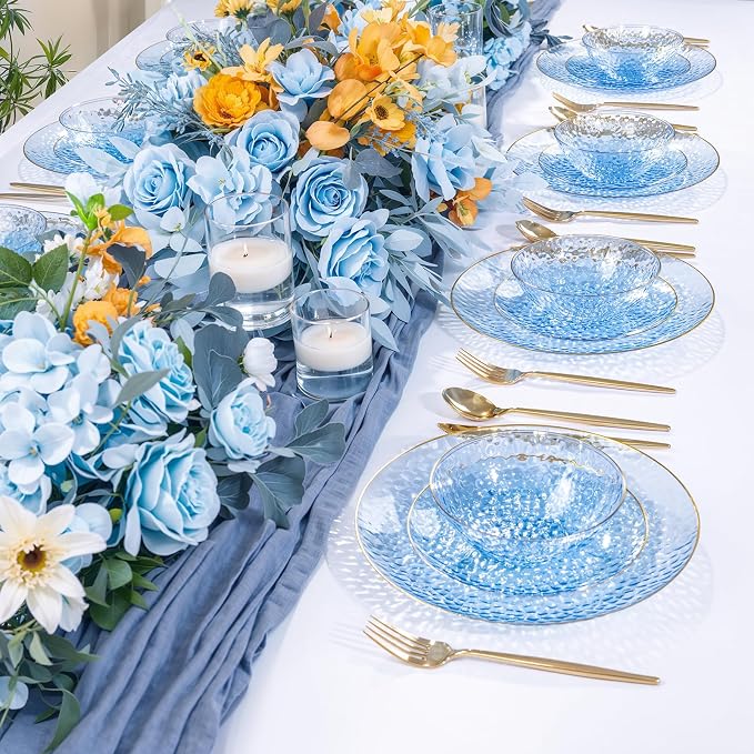 30 Pack 12 Ounce Blue Plastic Bowls Hammered Clear Bowl with Gold Rimmed, Heavy Duty Disposable Bowl Set,Elegant Small Bowls for Party, Weddings, Catering