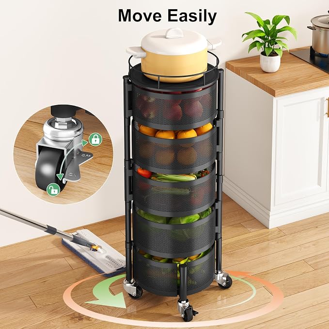 SAYZH 5 Tier Fruit Vegetable Basket Stand for Kitchen, Rotating, Black | Rolling Storage Cart with top lid, Large Metal Wire Rack for Potato and Onion Storage