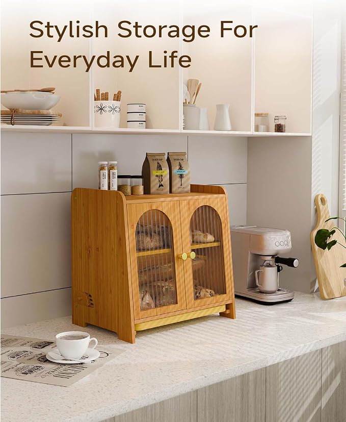 Bread Box for Kitchen Countertop, Large Double Layer Wooden Bread Storage Container with Acrylic Window, Adjustable Air Vents & Built-In Cutting Board, Pantry Organizer