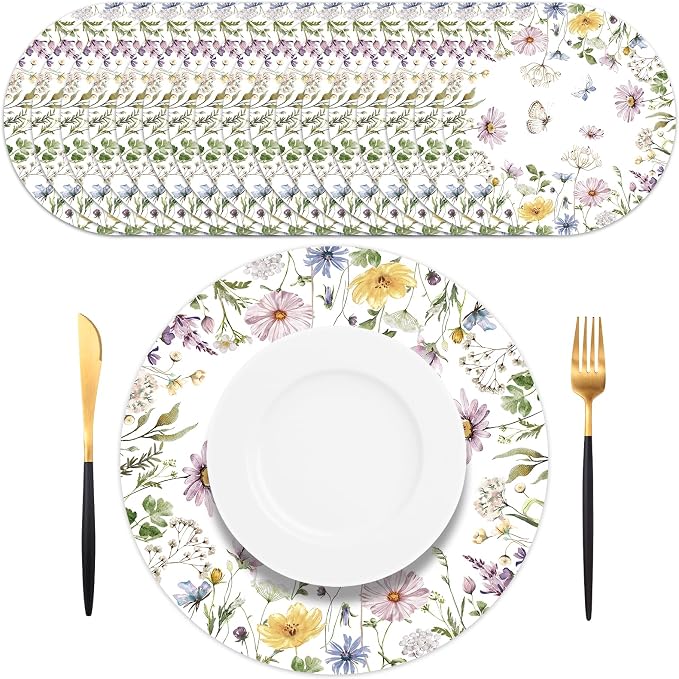 50PCS Floral Paper Placemats Disposable Table Mats, Elegant Flower Wreath Design, Summer Spring Wild Flowers Round Placemats Wedding/Brunch/Bride Party Supplies