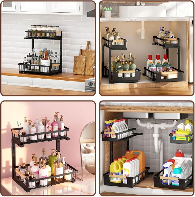 Under Sink Organizers and Storage, 2 Pack L-Shaped Pull Out Cabinet Organizer, 2 Tier Sliding Storage Rack with Adjustable Height, Metal Under Sink Shelf for Kitchen, Bathroom, Pantry, Black