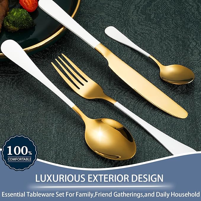 24 Pieces Silverware Set, Stainless Steel Flatware Set with Silverware Holder Spoons Forks Knives,Utensils Set Service for 6,Gold Mirror Polished and Matte Painted Cutlery Set (White)