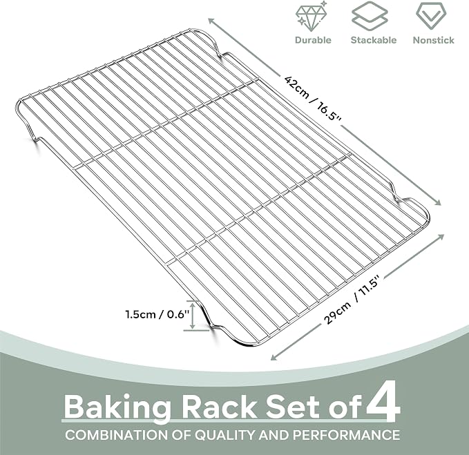 Herogo 4 Pack Cooling Racks for Cooking, 16.5” x 11.5” Large Baking Racks | Oven & Dishwasher Safe, Fit Half Sheet Pan, Stainless Steel Kitchen Wire Cooking Rack, for Cookie Bread Bacon