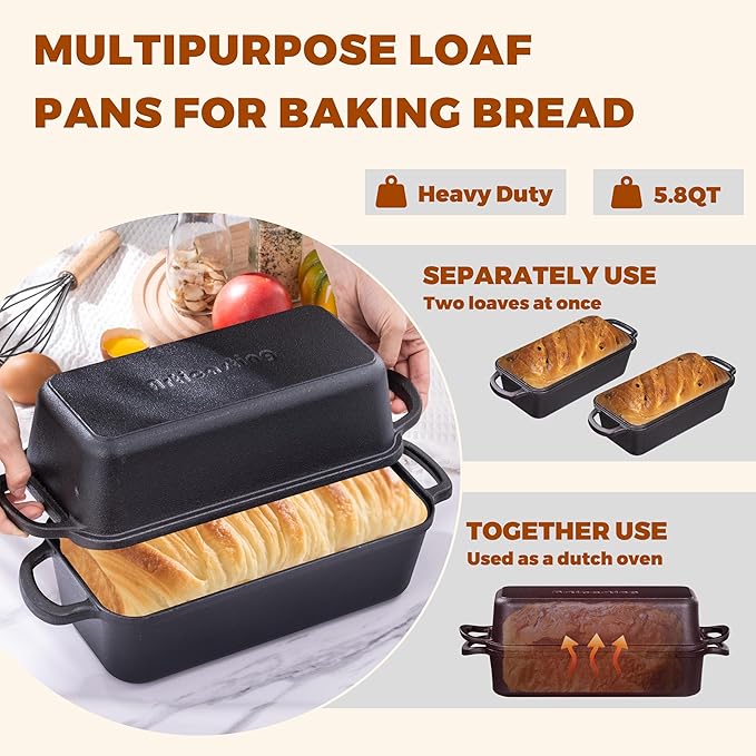 Cast Iron Loaf Pan with Lid, 11x5 Inch 5.8 Qt Pre-Seasoned Pan | Large Heavy-Duty Cast Iron Loaf Pan with Lid for Sourdough Bread, 11x5 Inch 5.8 Qt, 2-In-1 Design, Even Heat Distribution