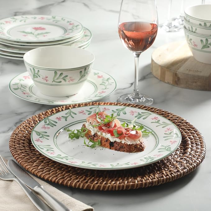 Martha Stewart Maiden Crown Plates and Bowls Sets, 12-Piece New Bone China Dinnerware Sets, Botanical Floral Design Dish Set, Microwave & Dishwasher Safe
