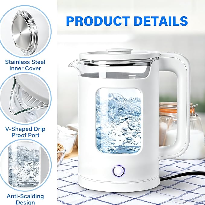 1.8L Glass Electric Kettle for Tea and Coffee, White | 1000W Rapid Boil Hot Water Kettle, Auto Shut-Off, 360°Swivel Base, Easy Cleaning, BPA Free