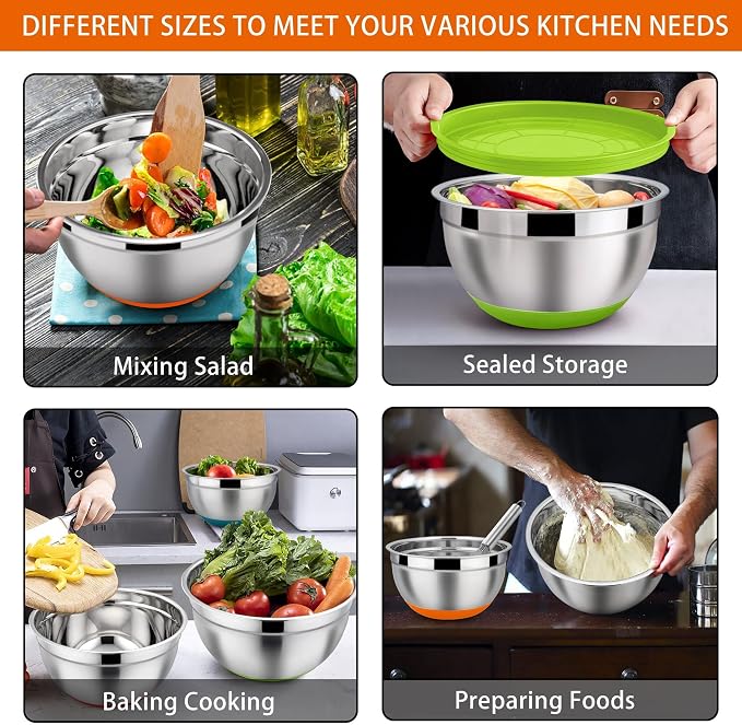 LIANYU Nesting Mixing Bowls Set of 6, Large Size 7, 3.5, 2.5, 2, 1.5, 1QT | Stainless Steel Metal Bowls with Airtight Lids, for Baking Cooking Food Storage, Non-slip Bottom, Colorful