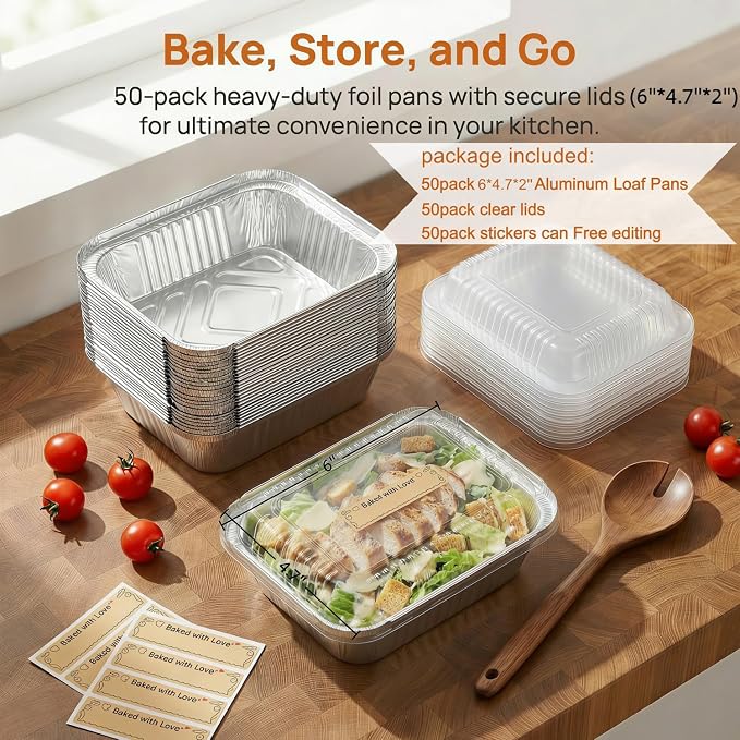 Gyreuni 50 Pack Mini Aluminum Loaf Pans with Lids Kit,6 X 4.7inch | 50 Pack Disposable Aluminum Loaf Pans with Lids and Stickers,idea for Brownies Mini Cakes Meal Prep Oven/Freezer Safe