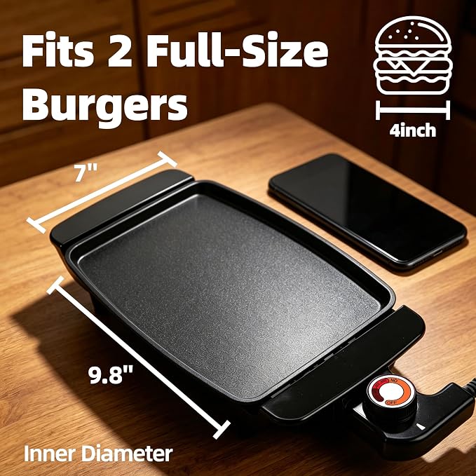 Small Electric Griddle, 10 Inch Mini Ceramic Non-Stick Electric Skillet with Adjustable Thermostat, 1200W Single Serve Grill for Breakfast, Cooking for Pancakes, Eggs, Sausage