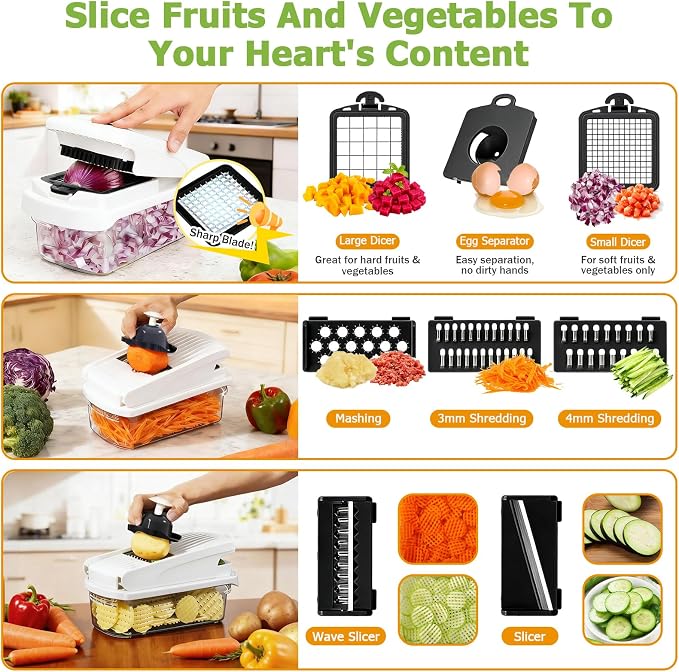 15 in 1 Vegetable Chopper with Container and Stainless Steel Blades | For onions, potatoes and vegetables. Large 1.5L container with drain basket for convenient washing and meal preparation.