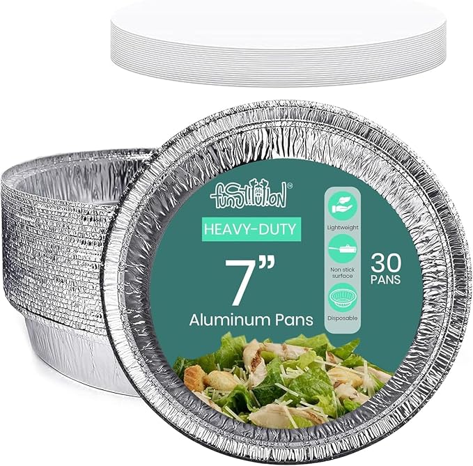 Round Aluminum Pans with Lids (30 Pack) - 7 Inch Disposable Pie Pans - Round Aluminum Foil For Baking, Grilling, Cooking, Storing, Prepping - Pie Tins with Lids