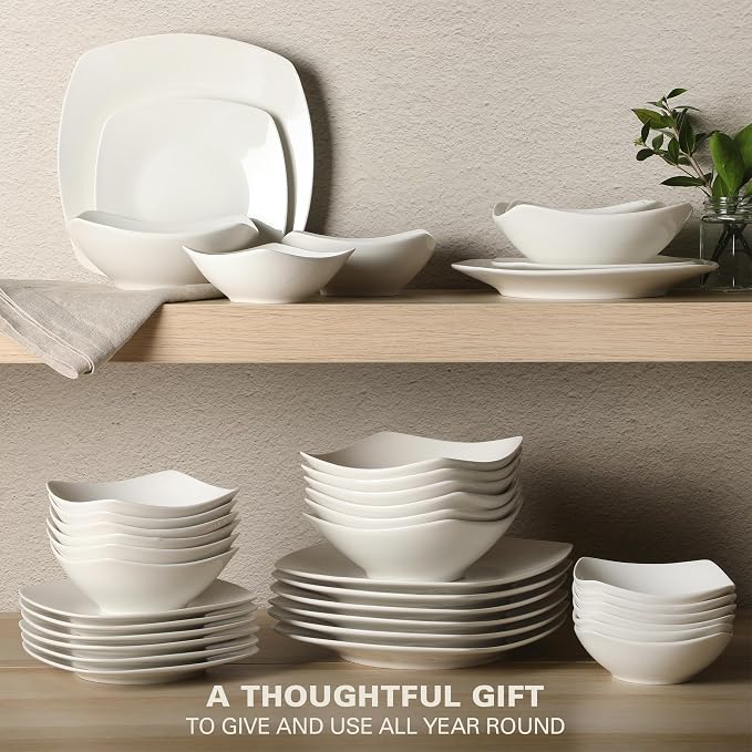 Gibson Home Brentwood 40-Piece Dinnerware Set – Square White Porcelain Plates and Bowls, Service for 8, Dishwasher & Microwave Safe, Modern Everyday Dinner Set with Cereal, Dessert, and Entrée Bowls