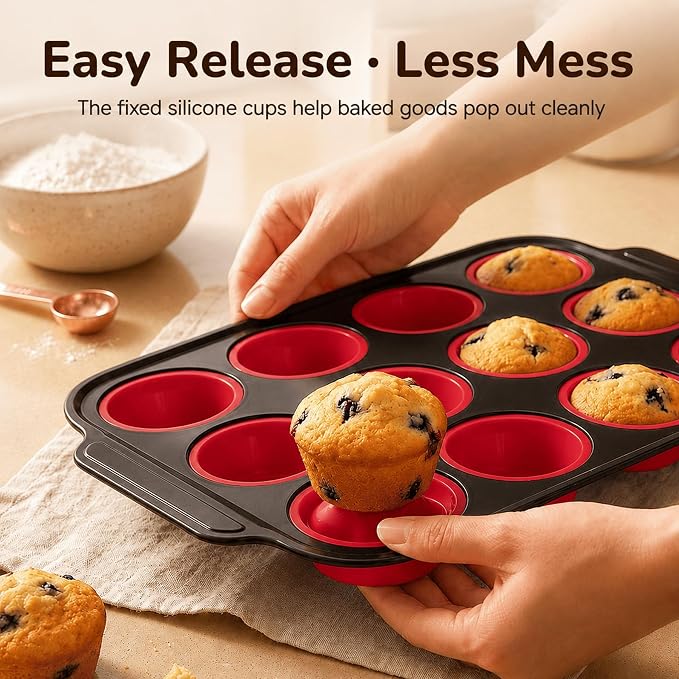 2 Pack Silicone Muffin Pans for Baking, 12-Cup Muffin Tin with Metal Frame | 2 Pack value, 12-Cup muffin pans, Reinforced metal frame, Easy release cups, Nonstick silicone, Oven & dishwasher safe