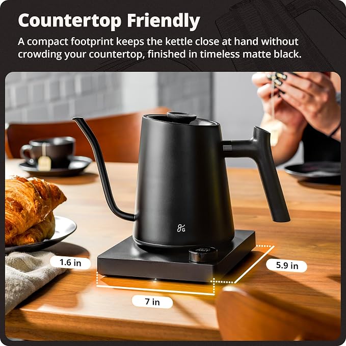 Greater Goods Gooseneck Electric Kettle, 1200W Temperature Control, 0.8L | Pour-Over & Tea Kettle with Stainless Steel Interior, Built-In Brew Timer, Fast Heating for Chemex, V60, & Matcha (Black)