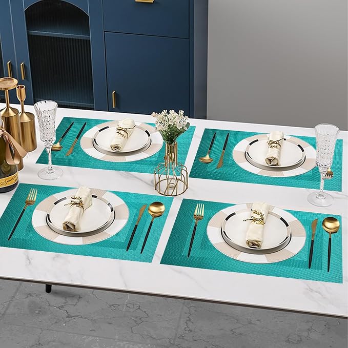 PIGCHCY Placemats Washable Vinyl Woven Table Mats,Elegant Durable Placemats for Dining Table Set of 4 (18 x 12 inches, Turquoise Blue)