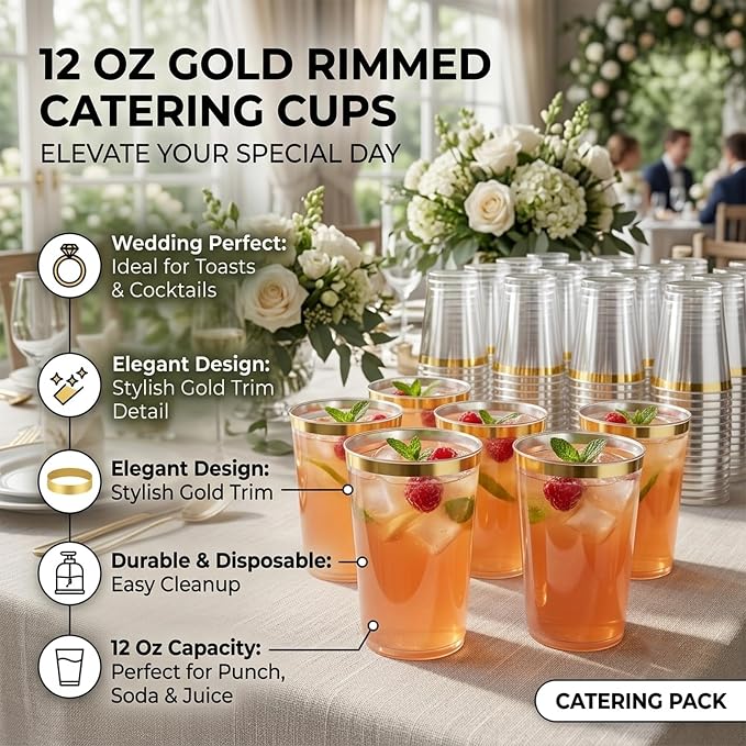 Byvivace 12oz Clear Plastic Cups with Gold Rimmed Sturdy & Food Safe Disposable Wine Glasses Wedding Cups Party Cups Plastic Cocktail Glasses for Wine, Juice, Cocktails and Cold Beverages [100 Pack]