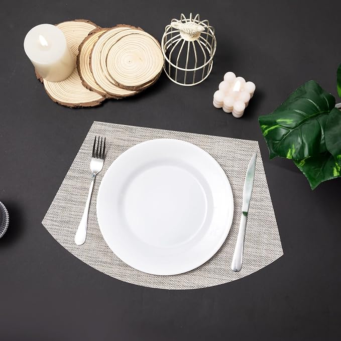 SHACOS Round Table Placemats Set of 7 Wedge Placemats with Centerpiece Round Mats Heat Resistant Washable (7, Beige White Black)