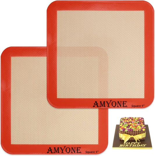AMYONE Square Silicone Baking Mats for 9 Inch Baking Pan, Platinum, 2PCS | Food Grade Silicone for 9" Cake/Brownie Pan, for Cake/Bread/Pizza/Pastry/Cookie/Bun/Pie, Nonstick, Easy Clean, Reusable