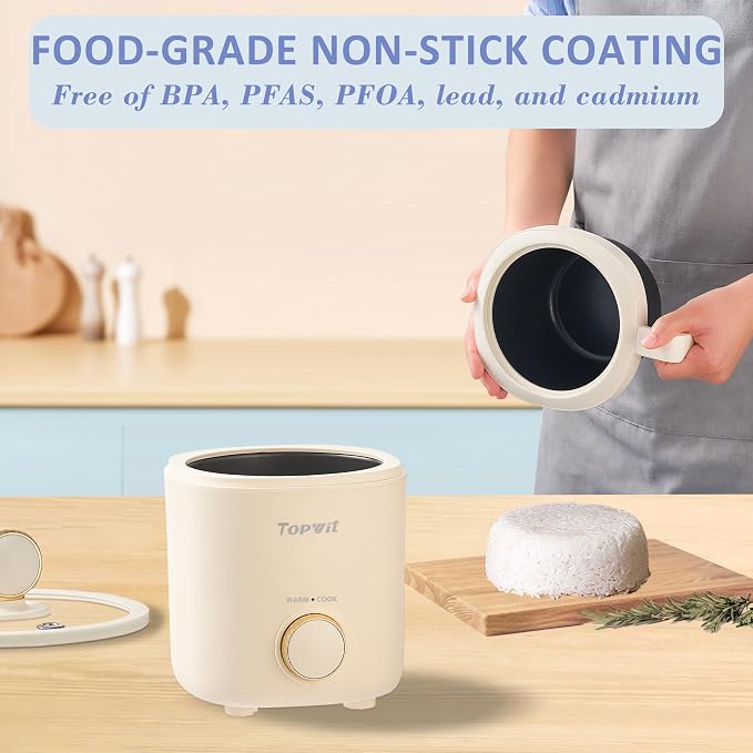 TOPWIT Small Rice Cooker 2-Cup Uncooked, 1.2L Nonstick Mini Rice Cooker | Removable Pot, BPA-free, One-touch Operation, Auto Keep Warm, Ideal for Dorm, Office & Travel, Compact & Portable, Beige