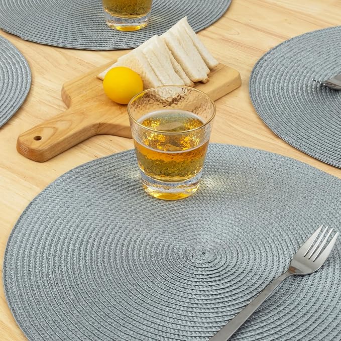 Winknowl Round Braided Placemats Set of 6 Washable Woven Heat Resistant Table Mats for Kitchen Dining Tables 15 inch Round Place Mats (Light Gray,6pcs)