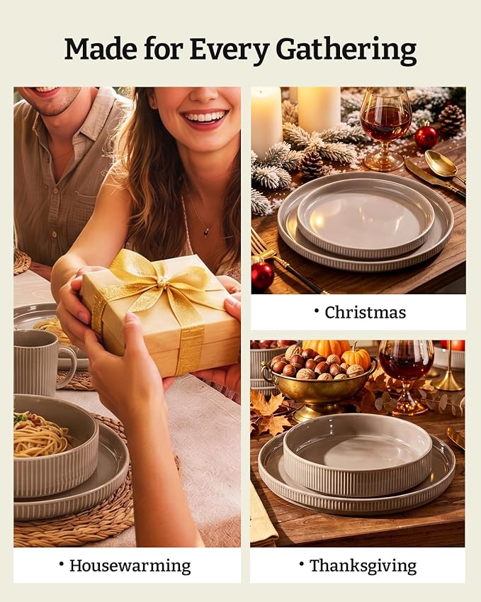 Famiware Stoneware Dinnerware Set for 8, Rimmed Plates, Bowls, Brown Dishes | 24-Piece Ceramic Dishes, Chip & Scratch Resistant , Microwave & Dishwasher Safe, Everyday Dining, Modern Rustic, Lipped Edges