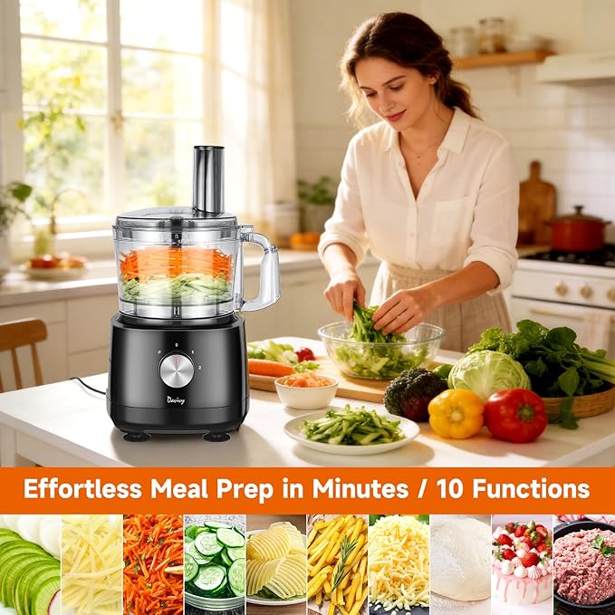 Davivy 7 Cup Food Processor with Storage，10-in-1 for Cheese, French Fries | Large Vegetable Chopper, Dough Kneader, Meat Chopper,Salad, Salsa, Wavy Slicer,Healthy Snacks, Meal Prep, Dishwasher Safe
