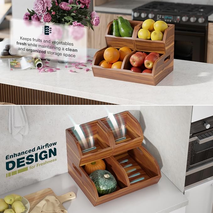 Acacia Pantry Storage Bins, Stackable Potato and Onion Organizer | Easy Assembly With Included Hardware – Stack 3 Modular Bins Or Use Separately For Flexible Storage And Open-Front Access