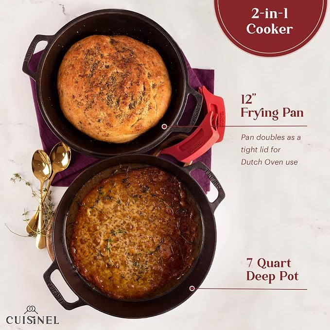 Cuisinel Cast Iron Dutch Oven 7-Qt Pre-Seasoned 2-in-1 Multi-Cooker with Lid that Doubles as a 12" Skillet, Silicone Handle Covers & Pan Scraper for Baking, Frying, Camping & Everyday Cooking
