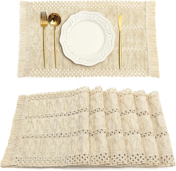 Boho Placemats Set of 6 Table Mats Farmhouse Home Dining Decor | 12x20" Place Mat Set of 6 Macrame Table Decor Farmhouse Burlap Placemats for Home Dining Table Centerpiece Home Decorations