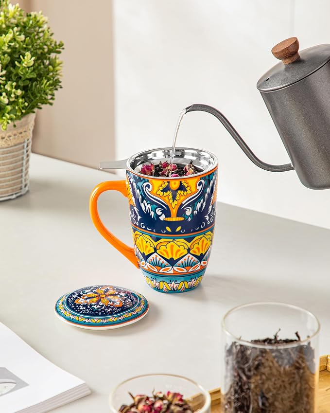 vancasso 18 Oz Tea Infuser Mug with Lid, Amber Iris Bloom | Eye-Catching Bohemian Pattern, Adds Charm to Any Tea Corner, Ceramic Mug with Infuser, Microwave and Dishwasher Safe