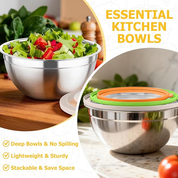 TeamFar Mixing Bowls, 4.5/3/1.5 QT Stainless Steel Nesting Salad Bowls | with Airtight Lids, For Serving/Mixing/Storing/Prepping, Non-Toxic & Sturdy, Visible & Easy Clean, Multi-Color, Set of 3