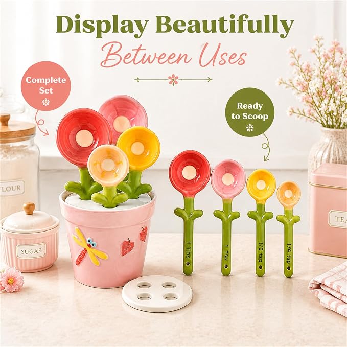 Cute Flower Ceramic Measuring Spoons Set with Base, Kitchen Decorate Gifts | Small Flower Pot Measuring Spoons and Cups with Holder, Home Baking Gifts Pink