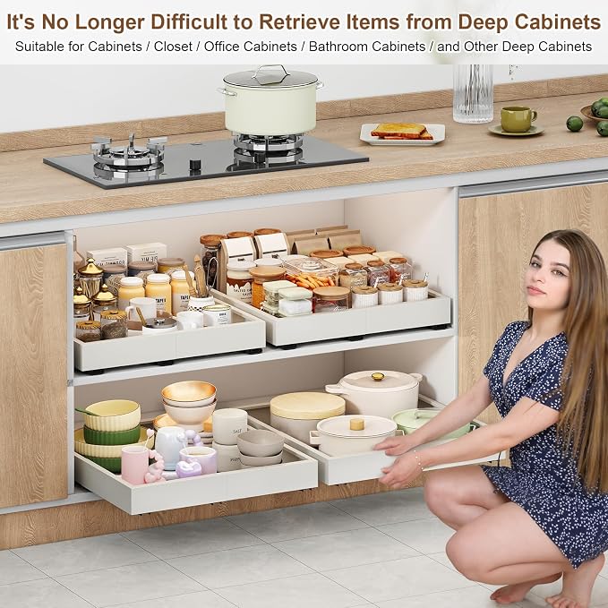 Fokyfok Pull out Cabinet Organizer,16"-21"W,13"-17"D,Expandable,Adhesive | No Drill,3 Rails,Adjustable Slide out Drawers for Kitchen,Pantry,Roll out Shelves,for Cabinets Without Lip,Bathroom,White,1PC