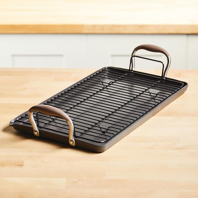 Anolon Advanced Home Hard Anodized Nonstick Double Burner Griddle/Grill Pan with Roasting Rack, 10 Inch x 18 Inch, Bronze
